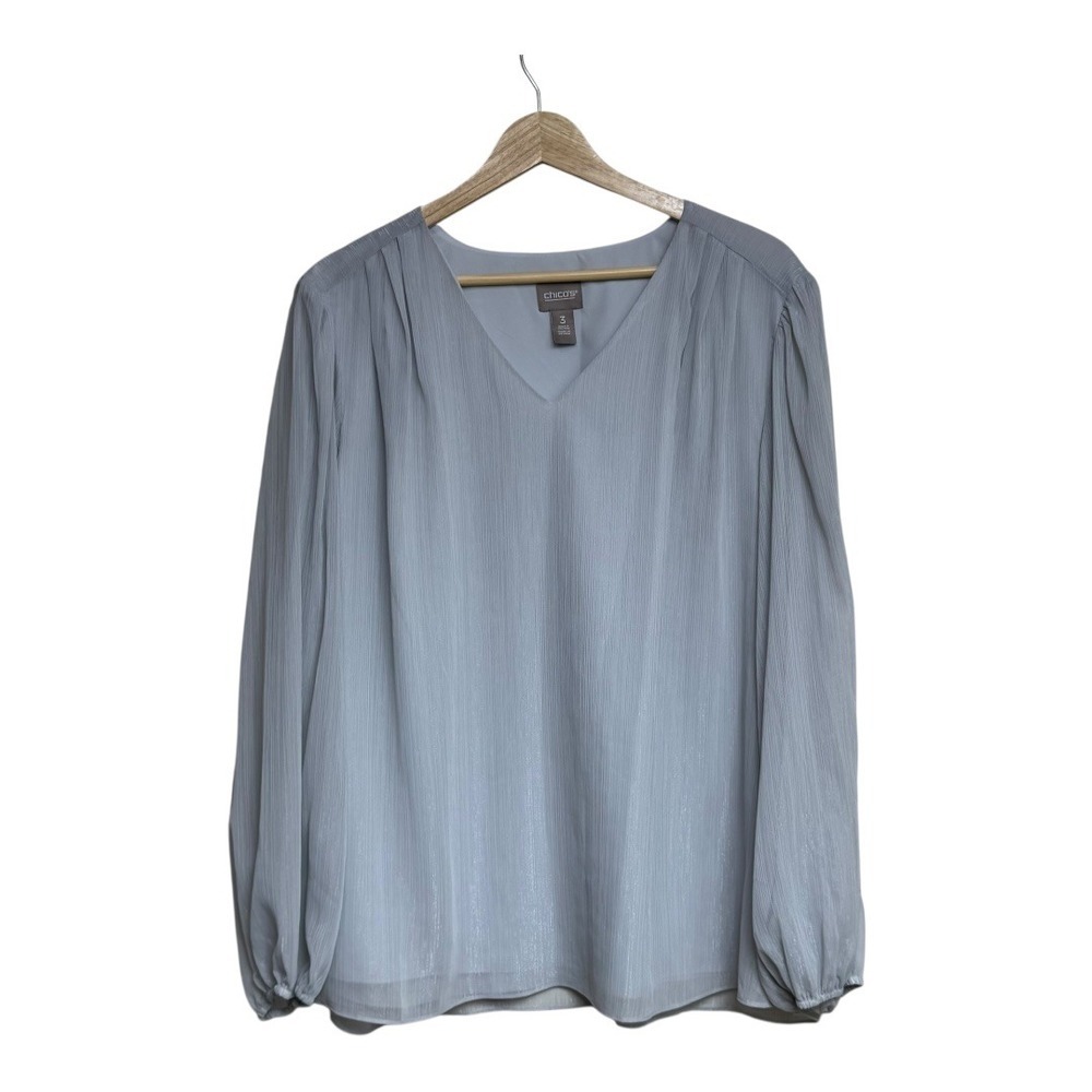 Chico's Women's Blue Sheer Sparkle Long Sleeve V Neck Blouse Top‎ Size 3